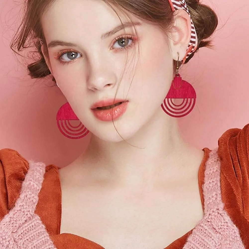 Wooden Dangle Earrings Boho Geometric Lightweight‎ Statement Earrings